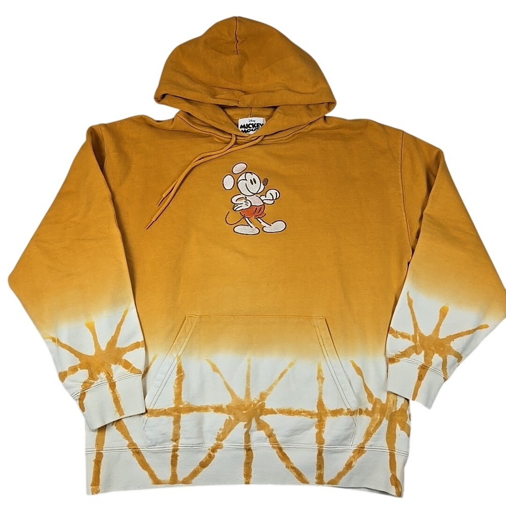 Disney Mickey Mouse LARGE Hoodie Yellow Ombre Dip Dye Streetwear Pullover